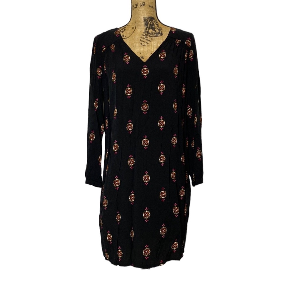 Old Navy Black Floral V-Neck Long Sleeve Mini Dress L
